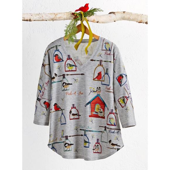 Blouse S small Gray multicolor Womens Top Bird Soft Knit 3/4 sleeve V neck USA - Picture 1 of 9